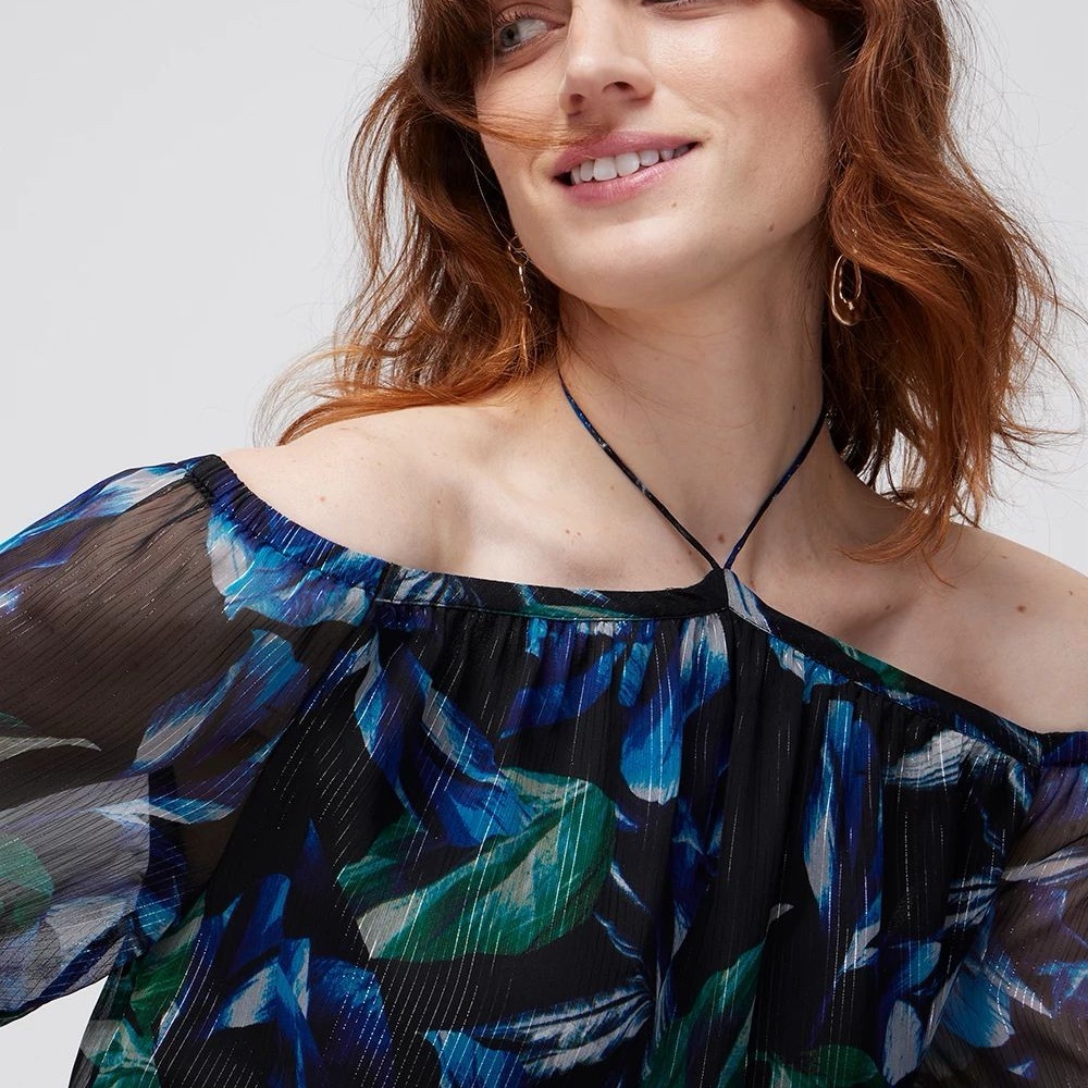 NEW $99 WHBM Off-the-Shoulder Metallic Cross-Neck Blouse - Picture 4 of 7